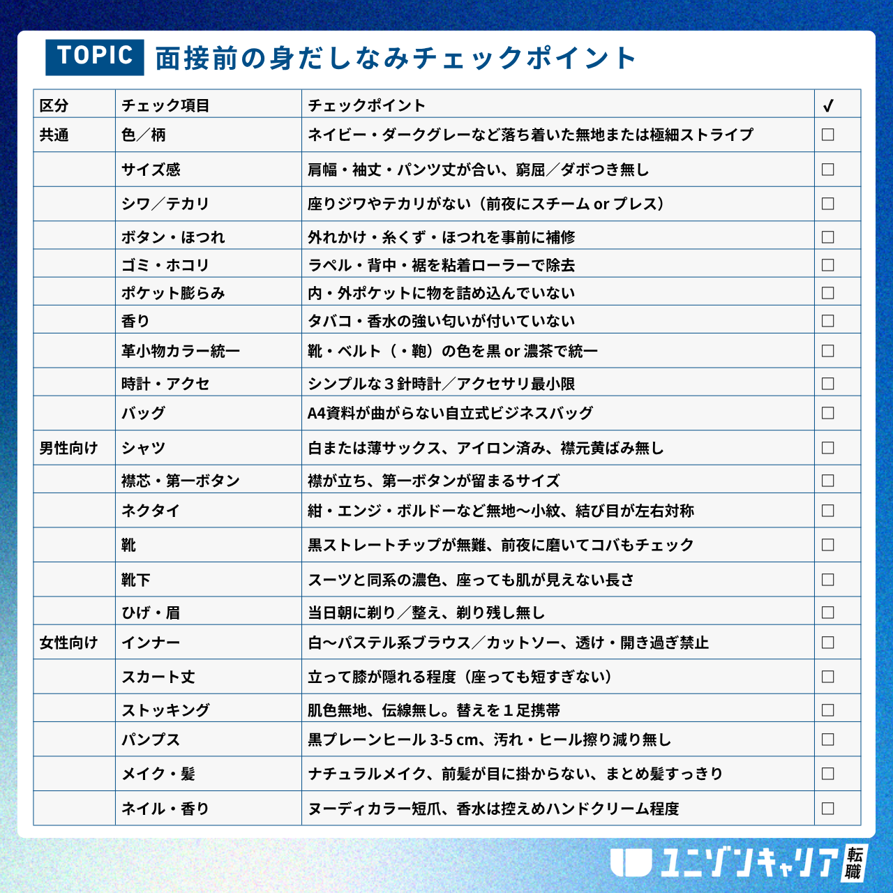 面接前の身だしなみチェックポイント
